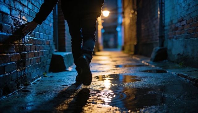 Walking silhouette touching wet brick wall, stepping through puddles in moody urban alley