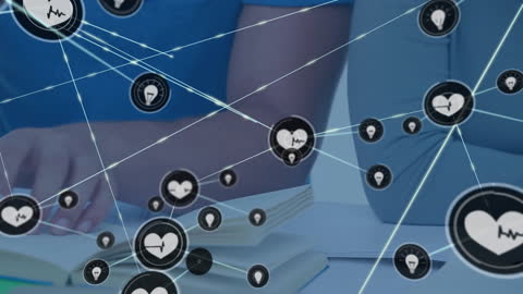 Digital Network Connections with Heart Health Icons Overlaying People Studying