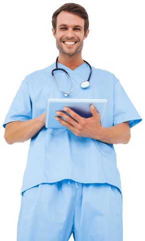 happy male surgeon uses digital tablet wearing blue scrubs, transparent background - Download Free Stock Videos Pikwizard.com