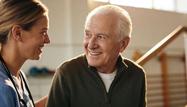 Female therapist supporting senior man during gait training in rehabilitation clinic, smiling