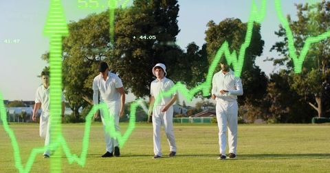 Cricket players walking across sunlit field overlaid with green financial graph lines and data