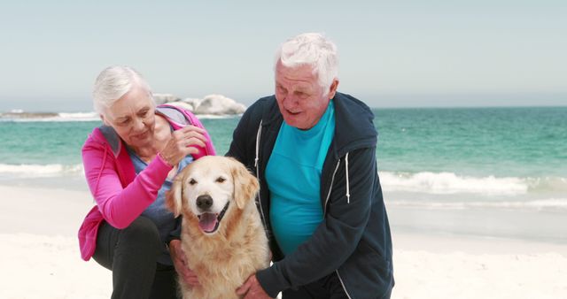 Elderly couple enjoying relaxing day at beach with their happy golden retriever. Perfect for showcasing senior lifestyle, pet companionship, relaxation, summer vacations, and retirement activities. Ideal for articles, brochures, or advertisements related to senior living, pet-friendly travel, and beach destinations.