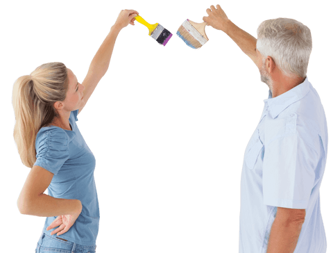 Couple Playfully Painting Together with Brushes Encircled, Transparent