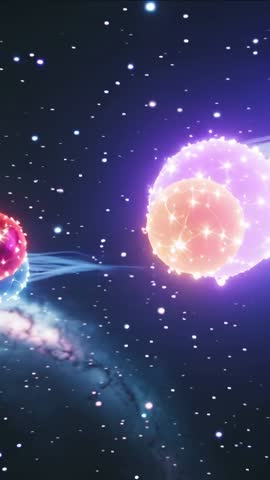 Vertical Cosmic Orbs Merging in Starfield Creating Luminous Sparks and Energy Arc