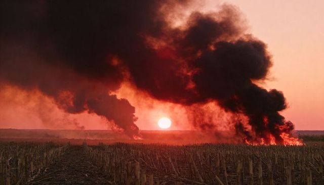 Sunset wildfire burning corn stubble sending thick black smoke plumes across farmland