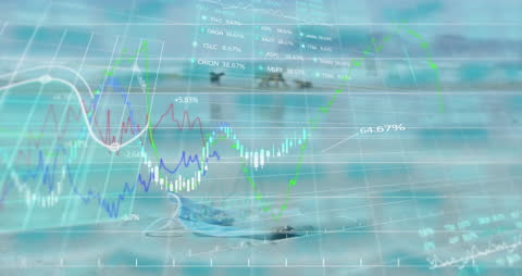 Financial Market Data Overlay on Beach Scene with Dogs