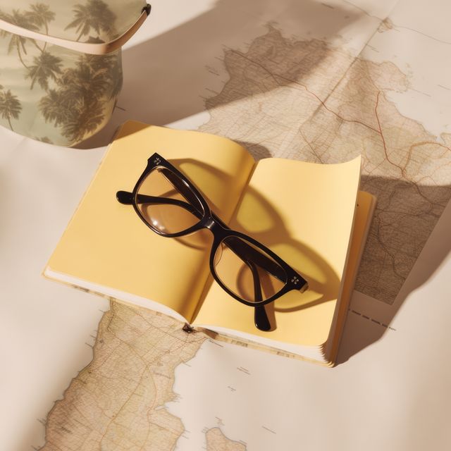 Open book with dark-colored glasses on map creating nostalgic travel planning moment. Ideal for travel brochures, travel blogs, adventure-themed content, and articles on vacation planning.