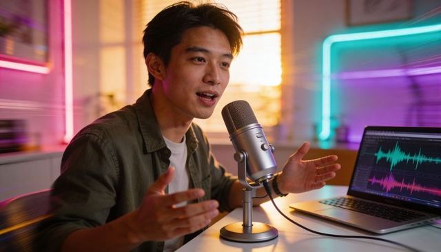Hosting podcast in home studio with microphone, laptop waveform and neon lighting