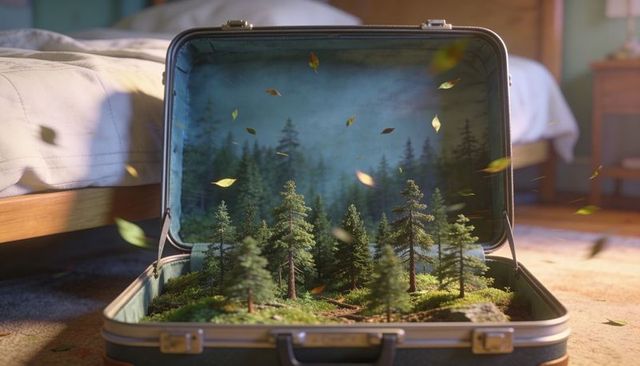 Miniature conifer forest growing inside vintage suitcase with sunlit falling leaves