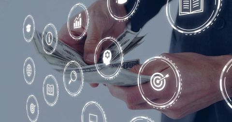 Counting us dollars with financial hud icons showing analytics, investment and strategy