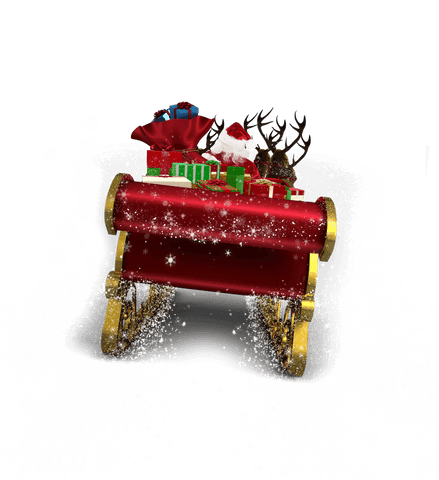 Santa Claus Riding Sleigh on Transparent Background with Presents and Reindeers