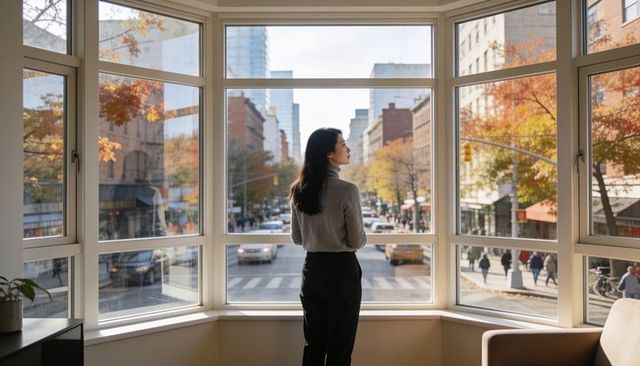 Contemplative professional woman gazing through bay window at autumn city street