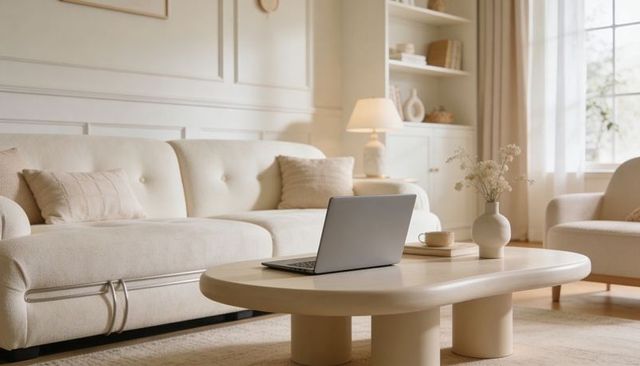 Featuring modern beige living room with oval coffee table, open laptop, vase, daylight