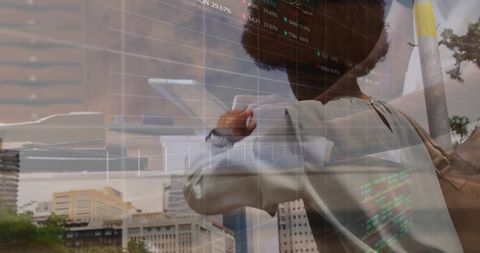 Urban commuter checking smartwatch with financial data overlays and skyline reflections