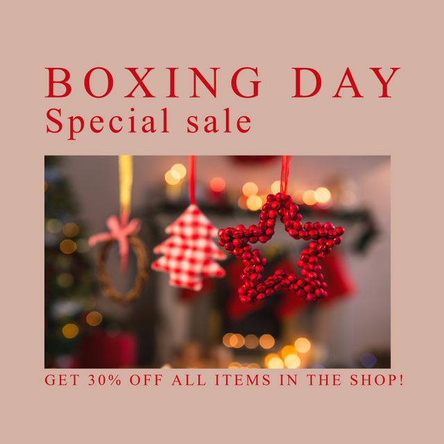 Composition of boxing day sales text over christmas decorations. Christmas, boxing day, sales, festivity, celebration and tradition concept digitally.