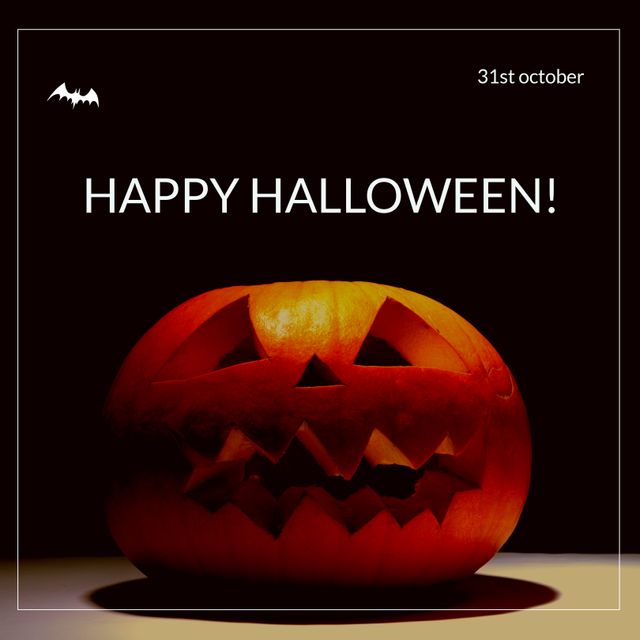 Composition of happy halloween text over pumpkin on black background. Halloween tradition and celebration concept digitally generated image.