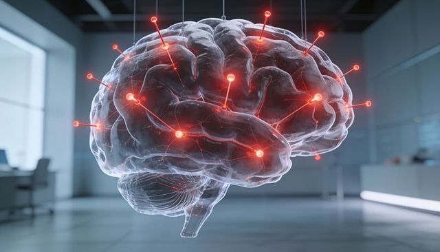 Translucent brain hologram glowing with red neural nodes and filaments suspended in lab