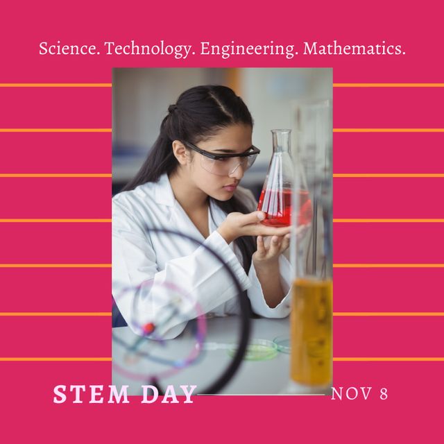 Composition of stem day text over caucasian woman in lab. Stem day and celebration concept digitally generated image.
