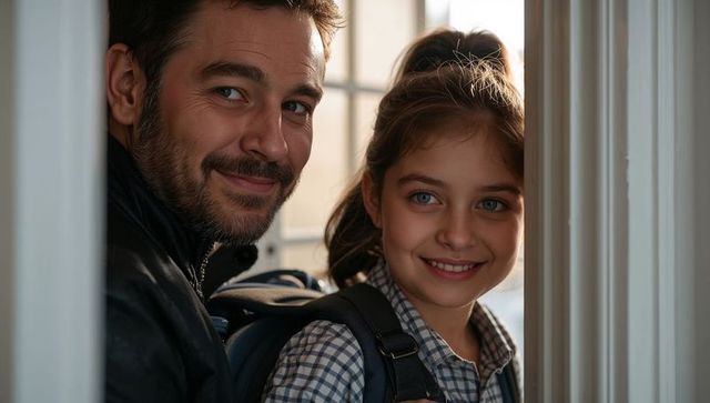 Smiling father and daughter sharing warm goodbye in doorway with backpacks before school