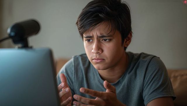 Frustrated teen using laptop with webcam gesturing in living room during online class