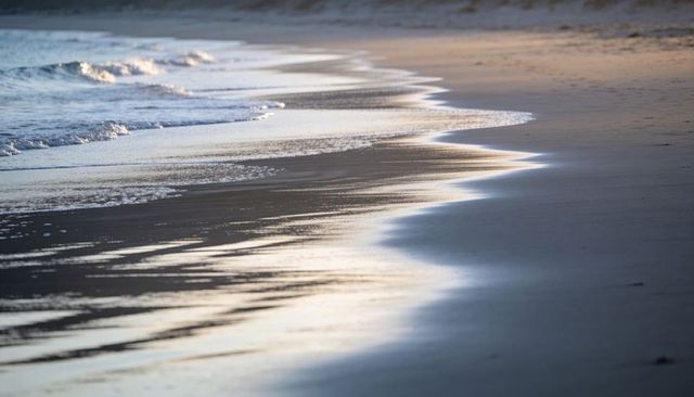 Curving wet shoreline reflecting golden-hour light, smooth sand and gentle waves