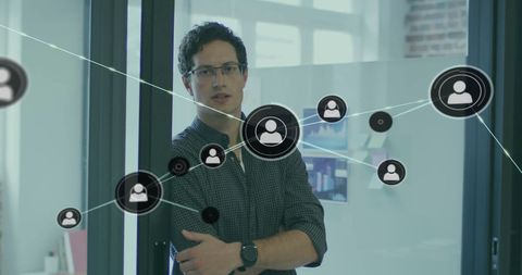 Businessman in Modern Office with Digital Connection Overlay