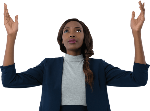 Businesswoman Gesturing with Hands Raised on Transparent Background