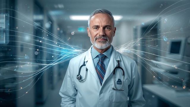 Senior physician in clinic corridor wearing lab coat and stethoscope with futuristic data trails