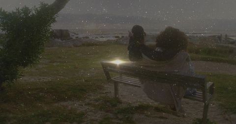 Couple Embracing in Seaside Park Under Glittering Night Sky