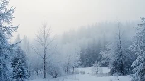 Drifting Low Fog Softening Light Over Snowy Boreal Meadow with Frosted Birch and Spruce