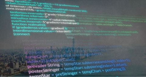 Projecting colorful programming code across waterfront skyline through glass, tech reflection