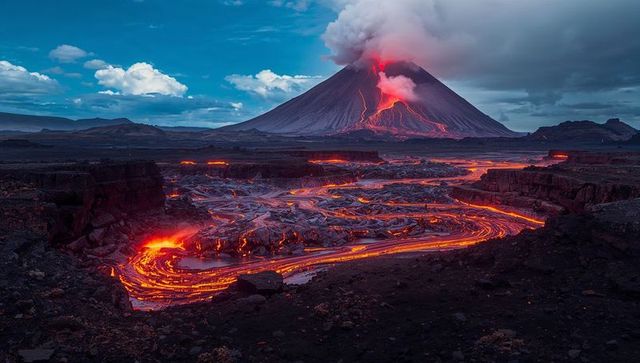 Dramatic volcano erupting with flowing lava and ash plume
