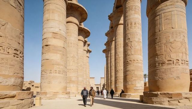 Visitors walking through colossal carved columns at karnak temple hypostyle colonnade