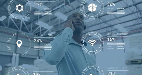 Warehouse Manager Monitoring AR Overlays on Smartphone for Logistics Analytics Fulfillment