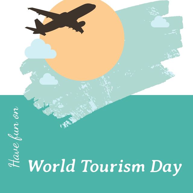 Illustration of airplane flying by sun in sky and have fun on world tourism day text, copy space. Vector, transportation, travel, awareness, celebration and social impact concept.