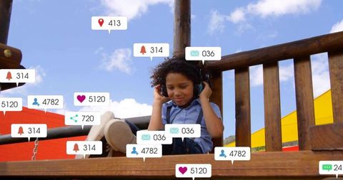 Child embracing technology on playground with notifications overlay
