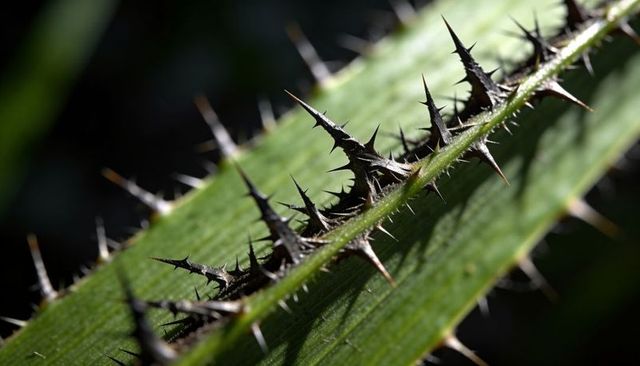 Macro close-up highlighting thorny green leaf with sharp spines and backlit texture