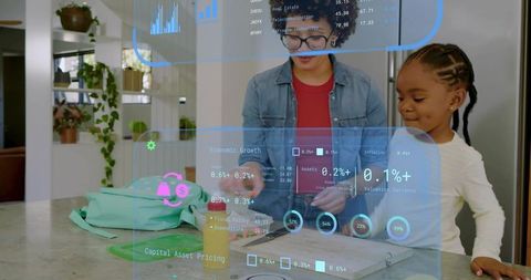 Guiding child through augmented reality learning interface on kitchen island for home learning