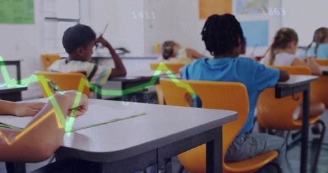 Elementary students learning at desks with bright chairs and green data graph overlay