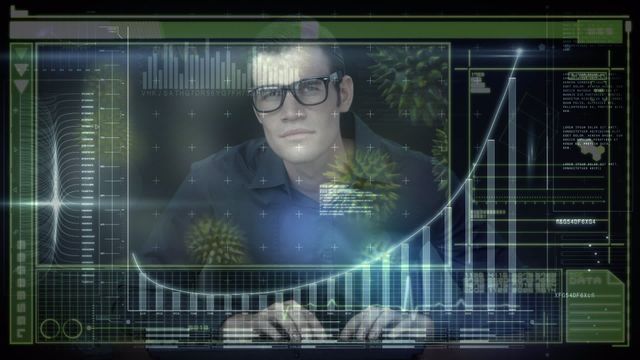 Video showcasing a futuristic digital interface with a male data analyst. It highlights advanced data visualization with graphs and other digital elements, ideal for themes around technology, data analysis, cybersecurity, IT professionals, and digital transformation. Perfect for use in presentations, websites, and articles focused on high-tech environments, data-driven decision-making, and innovative tech solutions.