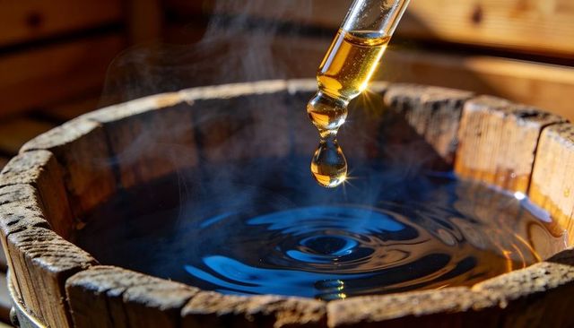 Golden droplet dripping from glass dropper over steaming wooden tub creating ripples