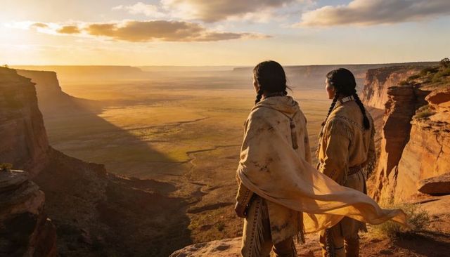 Standing on canyon edge watching sunset: two companions in buckskin and beadwork