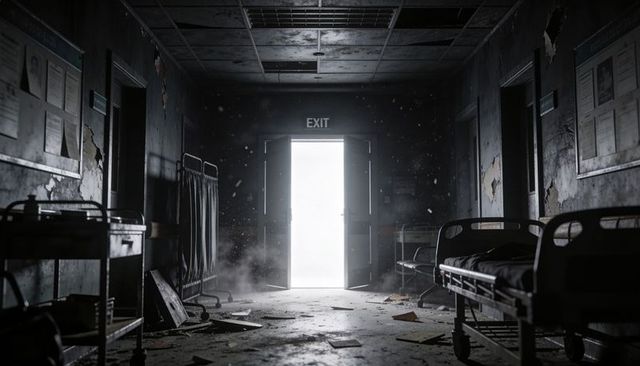 Derelict Hospital Corridor with Backlit Exit Door, Abandoned Ward Beds, Dust and Debris