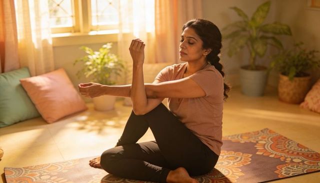 Sunlit woman stretching on yoga mat at home for mindful morning and wellness routine