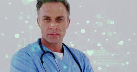 Confident Medical Professional with Futuristic Data Overlays