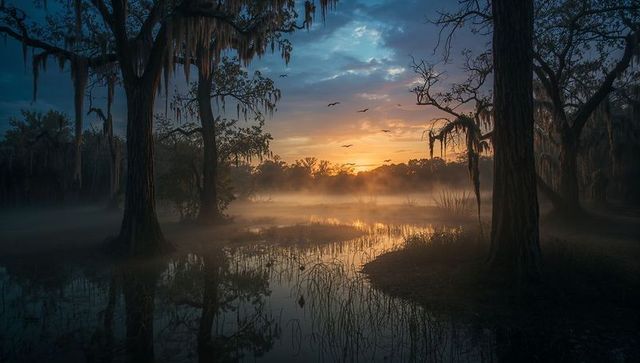 Misty swamp sunrise with cypress trees and spanish moss