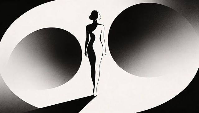 Standing silhouette splitting black and white halves amid abstract geometric minimal rings