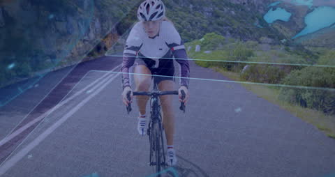 Cyclist with Futuristic Data Display on Rural Road