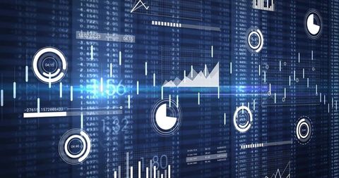 Central digital dashboard displaying market charts, hud widgets, live data visualization