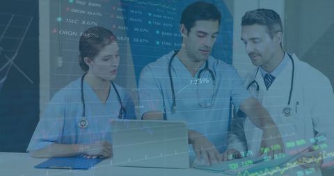 Diverse Doctors Collaborating on Healthcare Data Analysis